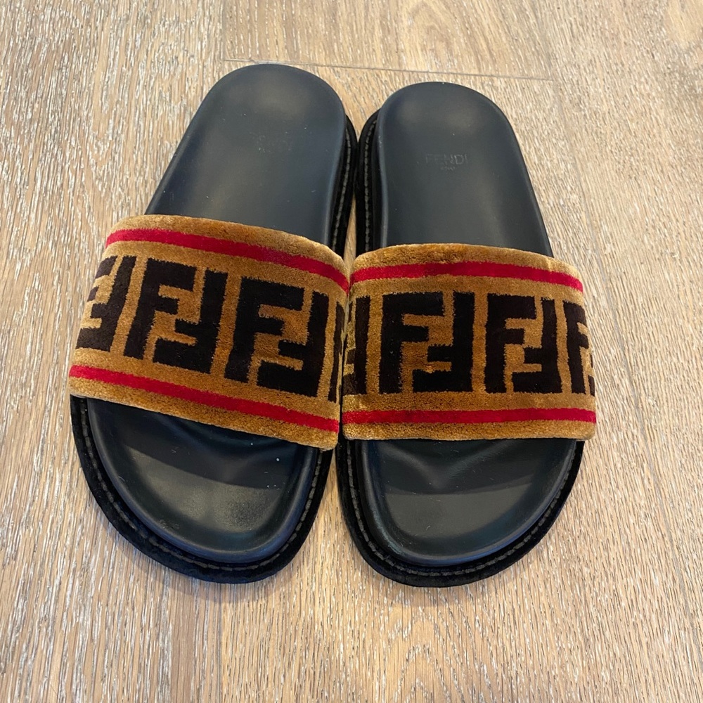 Fendi Logo Monogram Velvet Slides